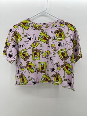 Spongebob Squarepants Crop Top Women’s L Pink T-Shirt Allover Print Boxy Fit